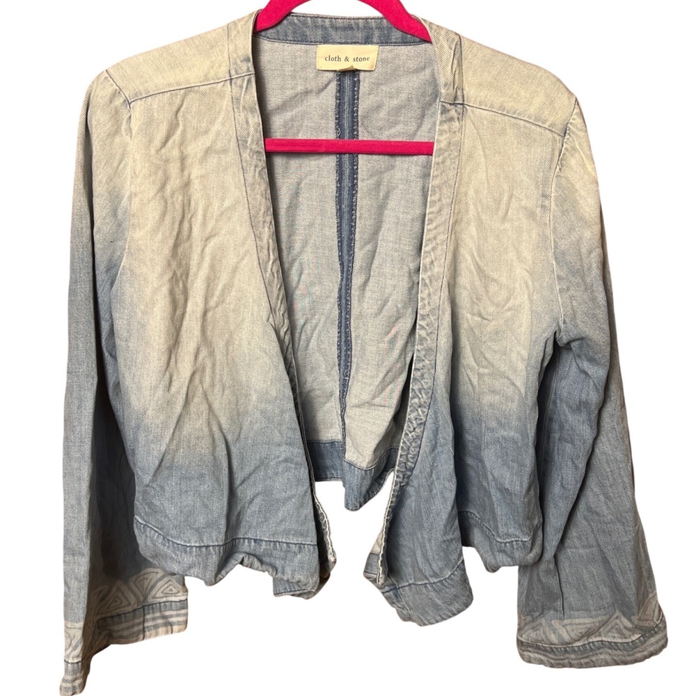 Cloth & Stone Ombre Denim Kimono Jacket Blue Light Wash Geometric Trim L Tie‎